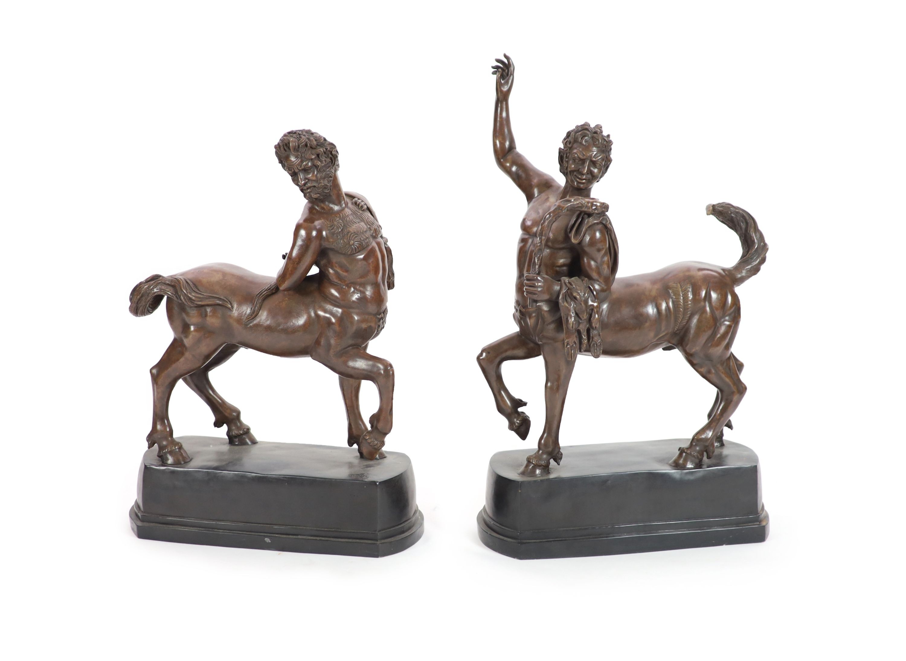 A pair of large faux bronze figures of centaurs, ex. Castlehyde House estate, Michael Flatley Largest H 91cm. L 56cm.